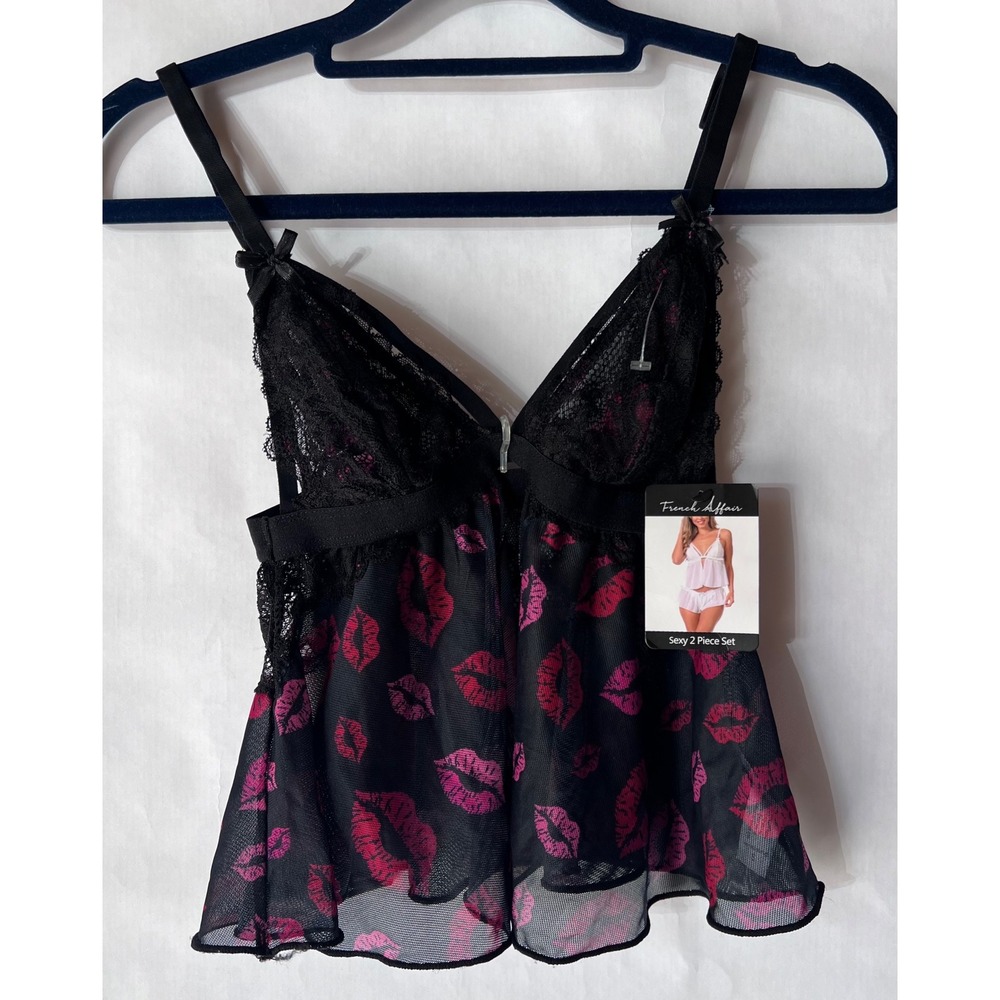French Affair Lingerie Cami Kiss Print Lace Trim Sexy Black Top only Small